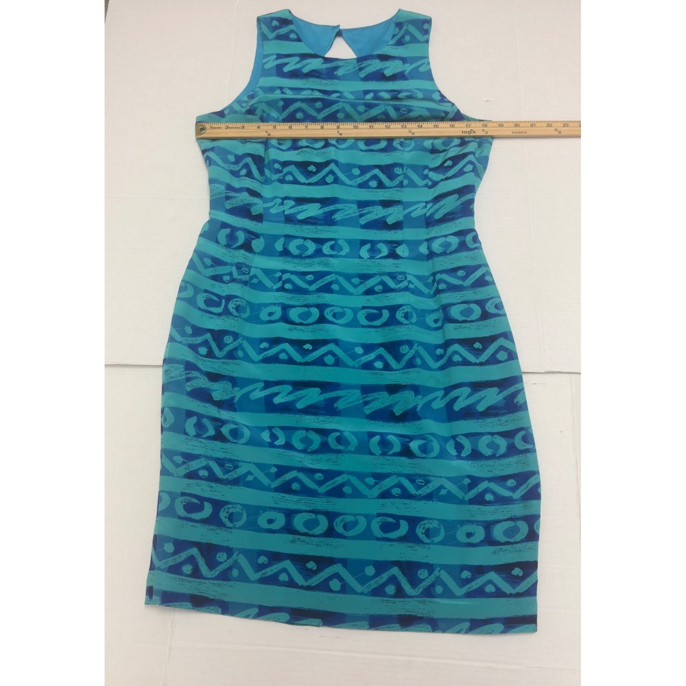Maggy London Geometric Print Silk Sheath Dress Womens 10 Teal Blue Office - Picture 6 of 9